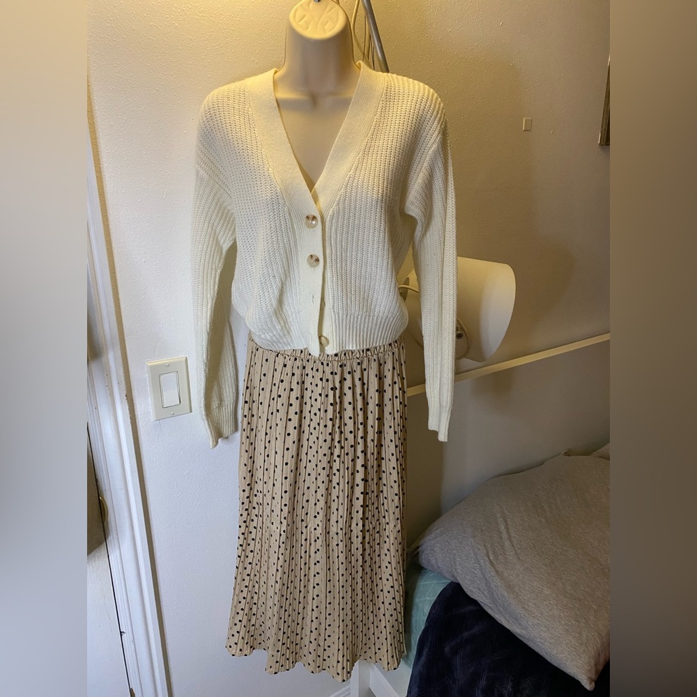 Elegant Cream Cardigan and Polka Dot Skirt Set